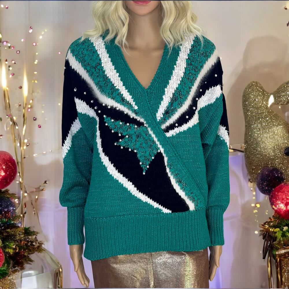 Vintage Sweater Geometric V Neck Green Glam by Sideffects M